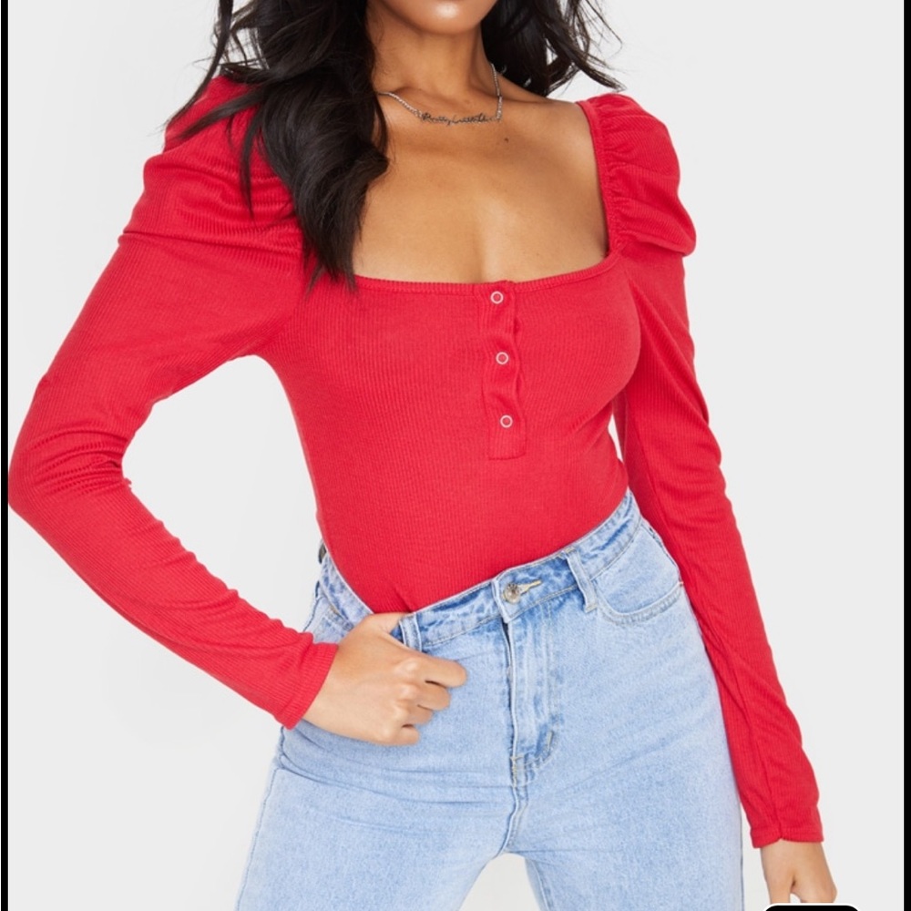 Red Rib Puff Long Sleeve Bodysuit